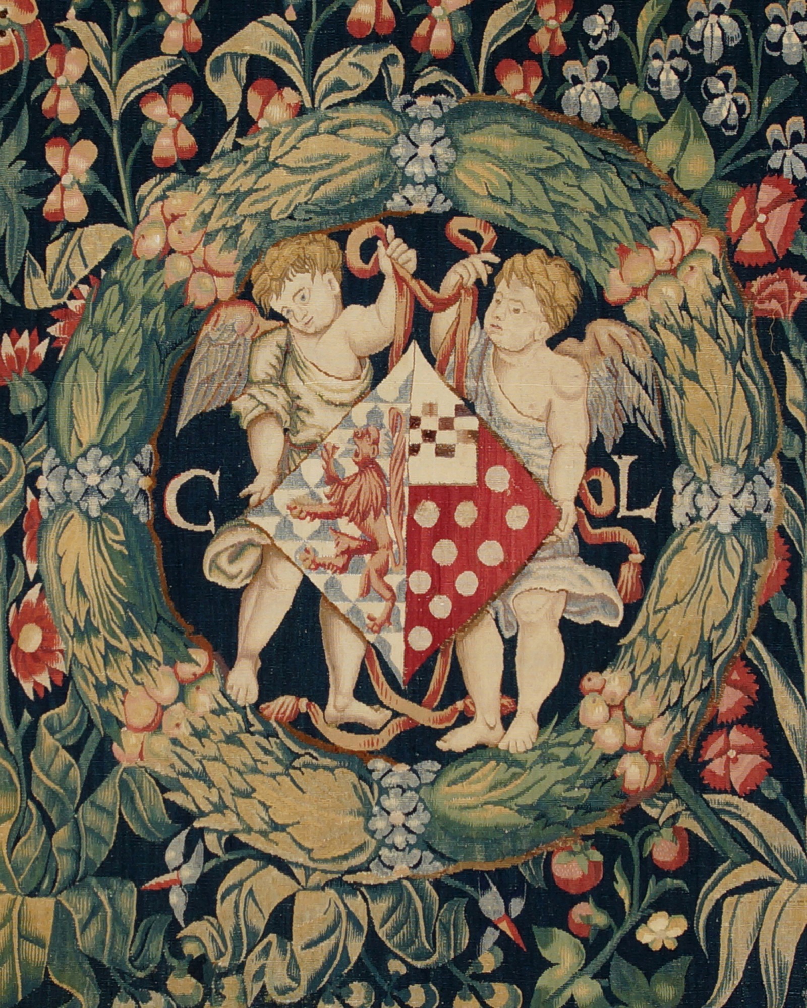 A Millefleurs Tapestry with the coat of arms and initials of Christine de Lechy, Flemish, attributed